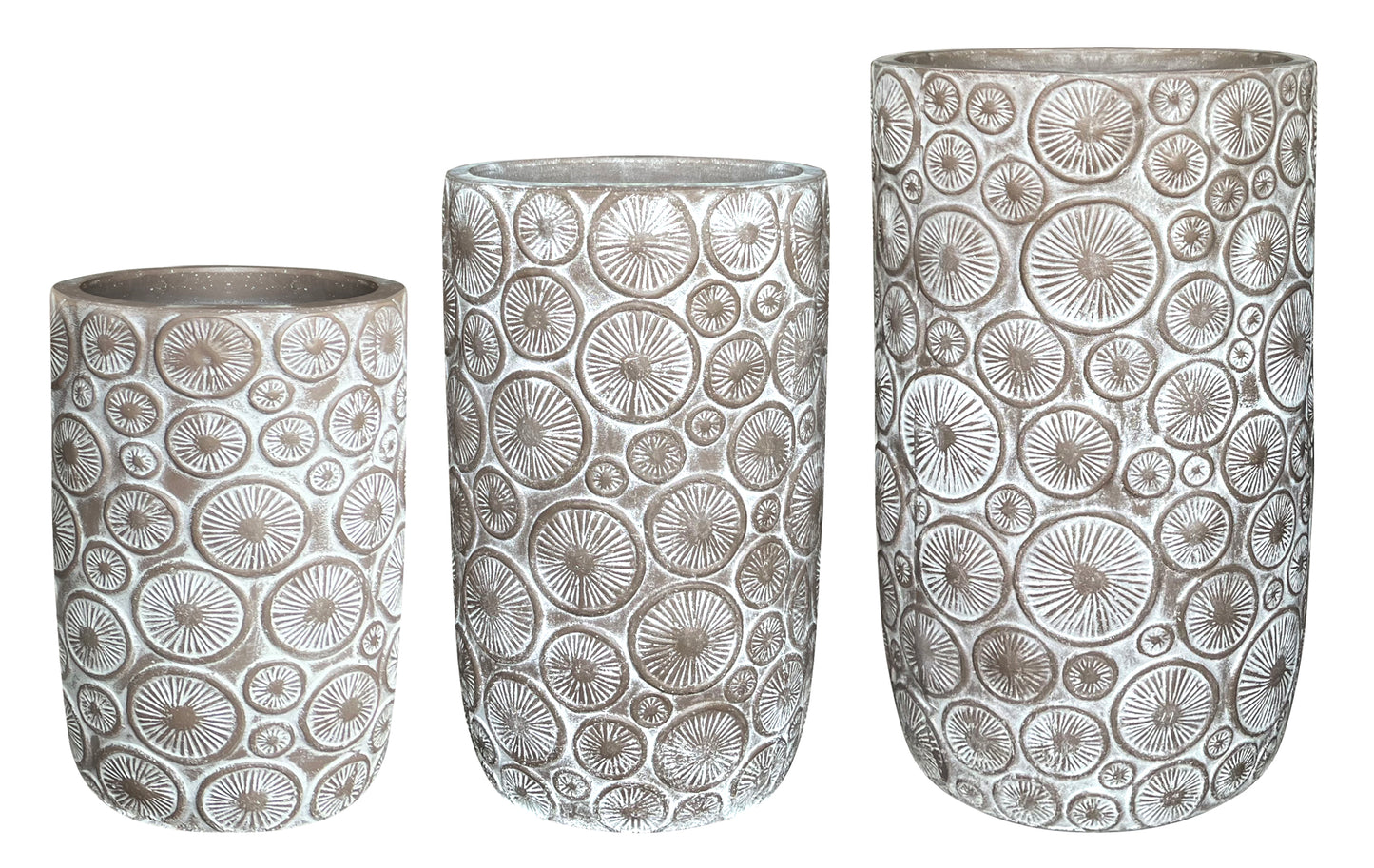 Fiberclay planters with embossed circle pattern