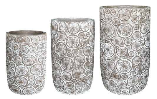 Fiberclay planters with embossed circle pattern